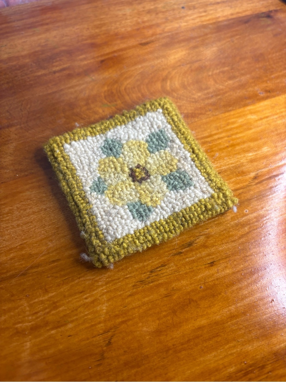 Handmade Floral Hooked Rug Square Coaster- Yellow - Picture 2 of 5